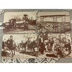 4 Old West Collectors Post Cards Locomotive, Frontier Railroad, Hunters